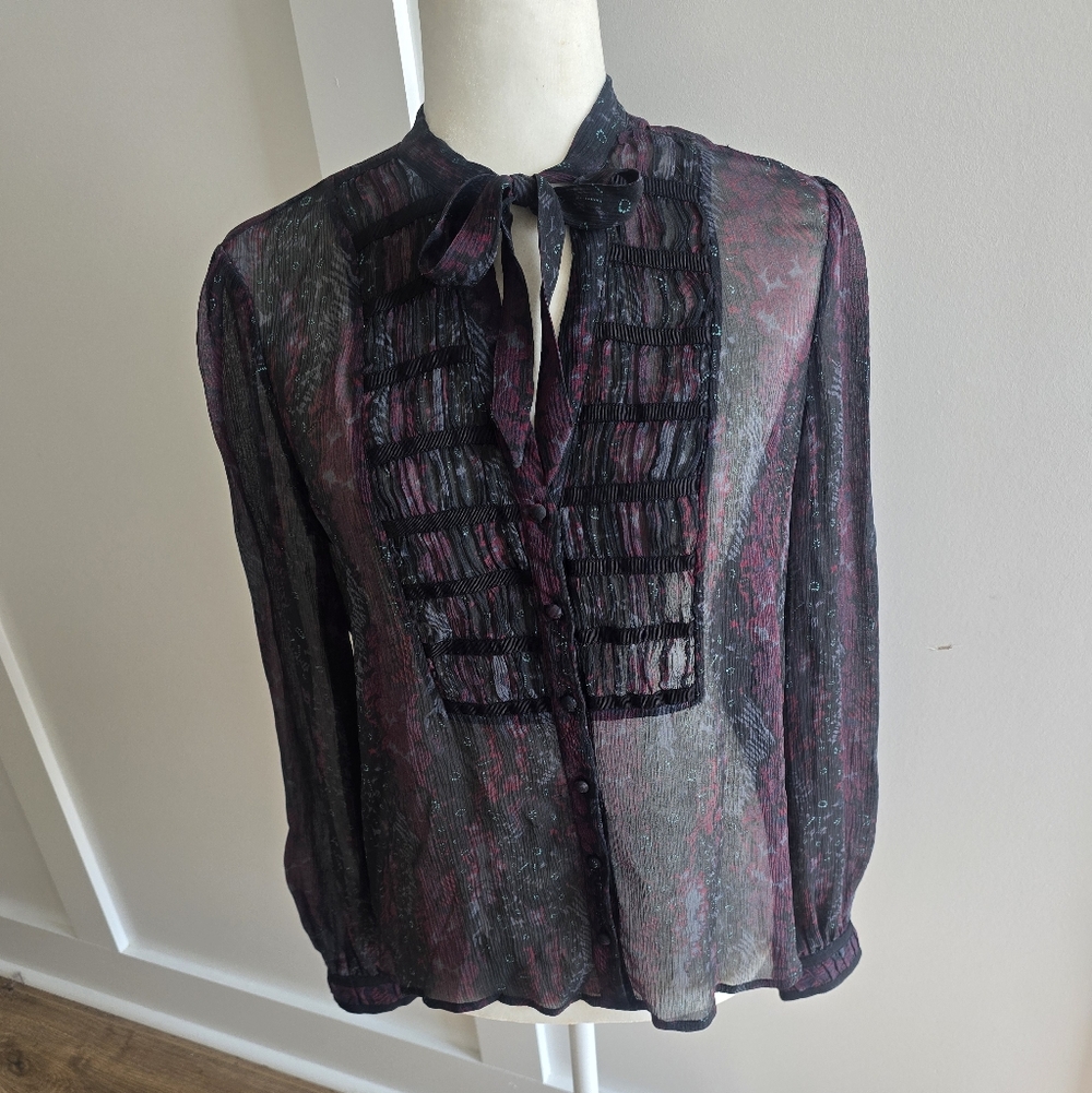 PAIGE Sheer Silk Black and Burgundy Floral Print Blouse, Size XS